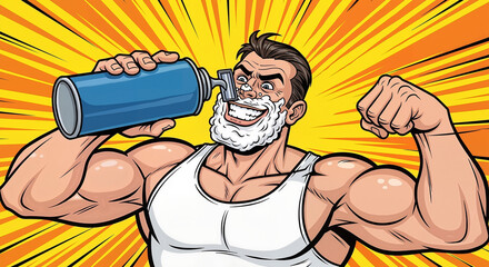 Energetic cartoon illustration of a muscular man shaving. He grins widely, covered in thick shaving foam, holding a large can and razor. Bold outlines, exaggerated proportions, bright comic-book style