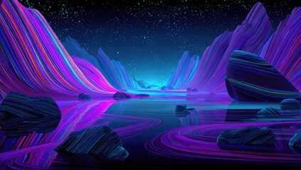 Vibrant neon valley with glowing liquid rivers flowing between striped peaks under starry sky