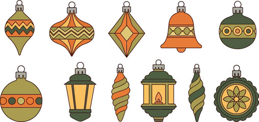Collection of vintage christmas ornaments isolated on white background, festive and colorful