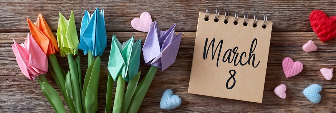 Colorful origami tulips with march calendar and heart decorations on a wooden surface top view