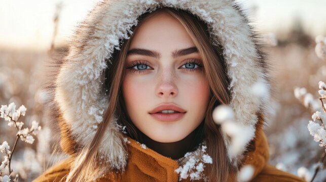 Portrait of a model in winter outfit with a fur-lined hood