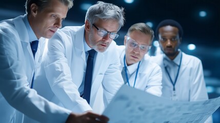 In a high-tech laboratory, a diverse group of young scientists gathers around a table