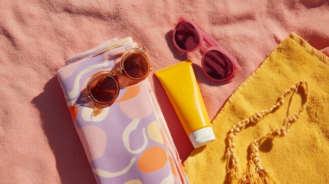 Summer beach essentials including sunglasses, sunscreen, and towels set on a vibrant blanket