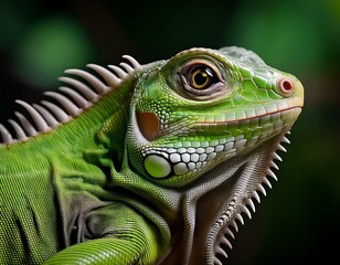 Obraz premium Green Iguana Close-Up: Detailed Portrait of a Reptilian Beauty with Intricate Scales and Sharp Spikes Against a Dark Background