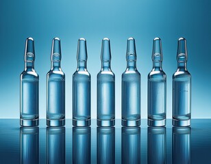 Seven Blue Glass Ampoules Reflecting on a Glossy Surface, Perfect for Healthcare or Pharmaceutical Visualizations.