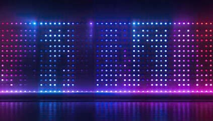 Wall of vibrant glowing blue and pink LED lights with floor reflections, abstract