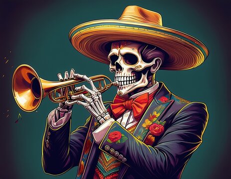 Serenade of the Departed: A Calavera in Festive Attire Plays a Golden Trumpet, Honoring Tradition and the Celebration of Life.