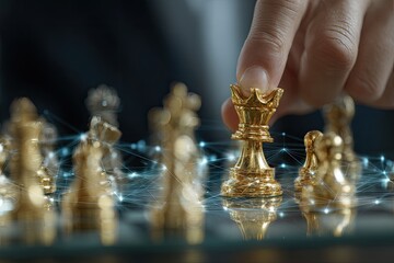 A hand moves a golden rook on a chessboard with glowing blue interconnected lines