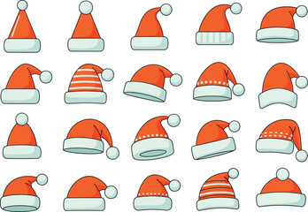 Collection of santa hats isolated on white background for christmas and new year