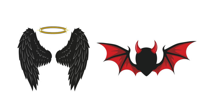 Contrasting angelic and demonic wings with a halo and horns illustration