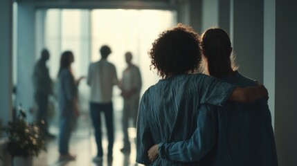 Fototapeta premium Two people embracing while observing group meeting — support, compassion and healing community atmosphere