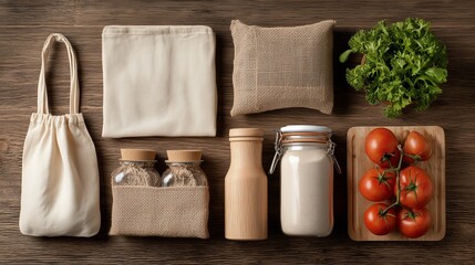 Collection of natural kitchen items and fresh vegetables on wooden surface