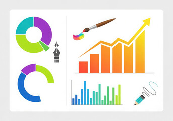 Collection of colorful charts and creative tools isolated on white background