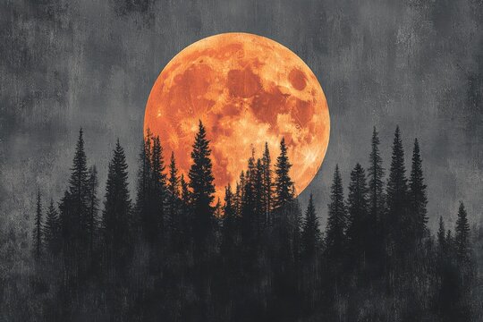 Orange moon rising above silhouetted forest trees against dark sky