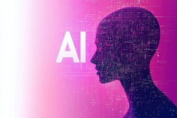 Silhouette of a human head with AI circuitry on purple background