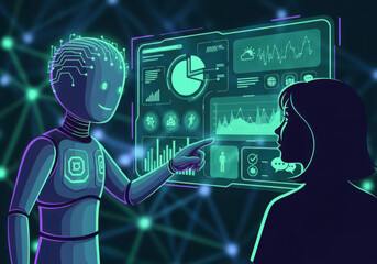 Robot and human interacting with futuristic data analytics dashboard