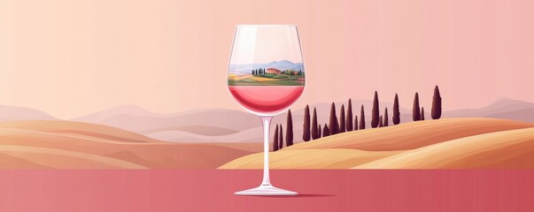 Elegant wine glass illustration with Tuscan landscape scene