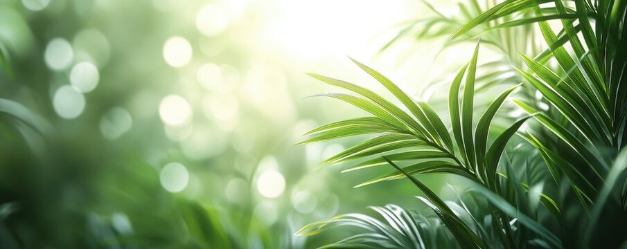 Lush green palm leaves with light bokeh on white background