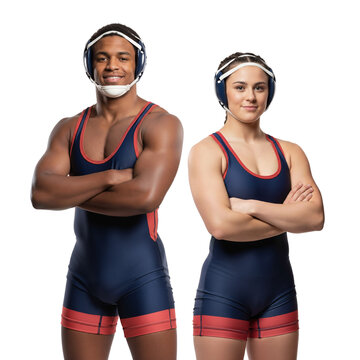 Young male and female wrestlers posing together, ready to compete, isolated background