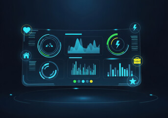 Futuristic digital dashboard displaying data analytics and charts