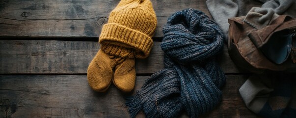 Winter fashion flatlay with knitted accessories and rustic style