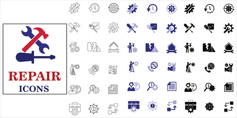 repair icons set. broken, reparation, fixing, maintenance, restore, toolbox, tools and more. simple complette vector