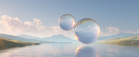 Two clear spheres float above a serene lake surrounded by rolling hills under a blue sky