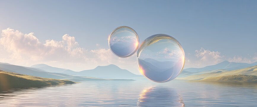 Two clear spheres float above a serene lake surrounded by rolling hills under a blue sky