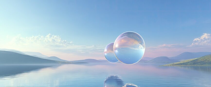 Two clear spheres float above a serene lake with distant mountains under a soft sky