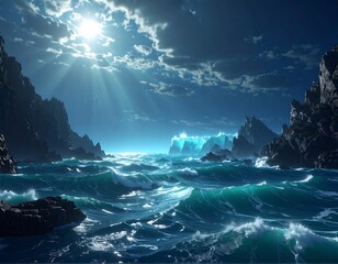 Serene ocean scene with rocky cliffs and a bright sun