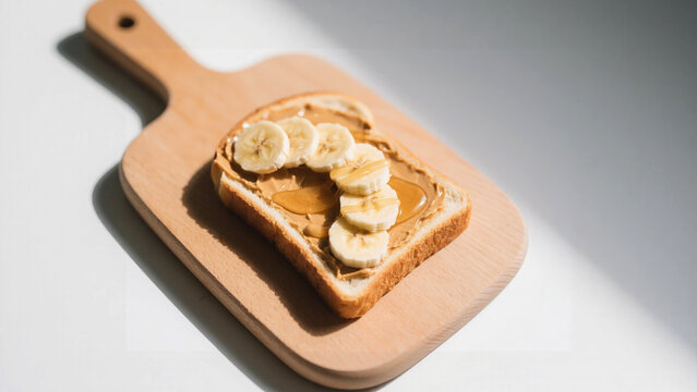 Peanut butter banana toast with honey drizzle on wooden board in bright light