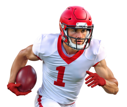 American football player in red and white running with the football on isolated background