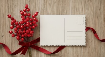 Festive Red Berries with Blank Postcard on Wood