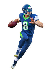 Focused American football athlete in blue running straight ahead with ball