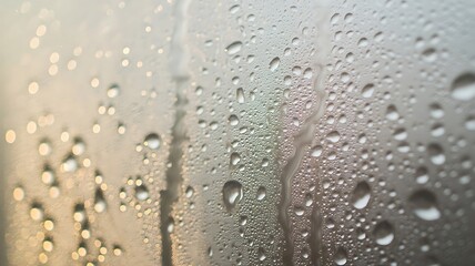 Raindrops clinging to glass in soft light creates a calming, reflective mood, perfect for backgrounds, textures, or adding a touch of melancholy beauty