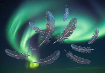 Feathers floating against vibrant aurora borealis in dark starry sky