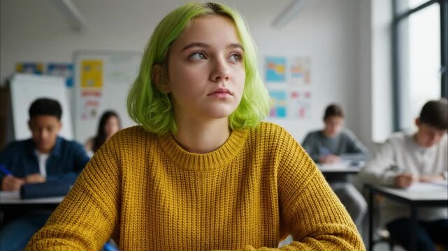 Teenage girl with green hair sitting at a classroom desk. Student looking away thoughtfully while holding a pen over a notebook. Education and daydreaming concept