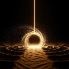 Golden light beam illuminating swirling particle vortex with glowing energy