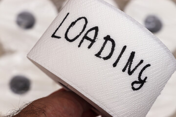 Hand holding a roll of toilet paper with the word LOADING written on it, symbolizing anticipation or a pause, in a home setting with multiple rolls in the background.