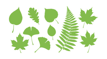 a group of separate green leaf icons against a white background