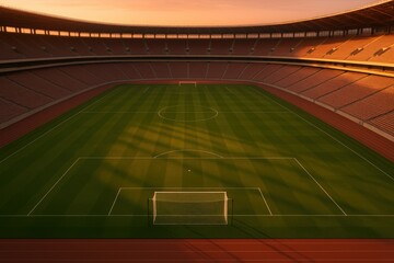 Empty soccer stadium under evening sunlight showcasing green field and surrounding empty seats