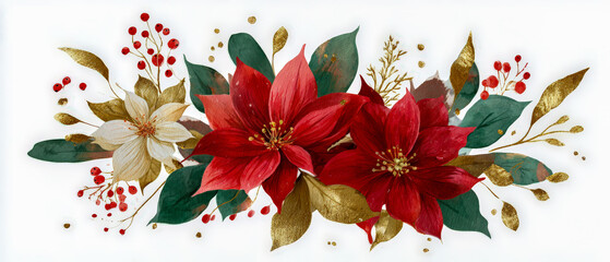 Naklejka premium Fondo horizontal con arreglo floral navideño de hojas verdes, doradas y flores de pascua rojas y blancas, frutos de acebo rojo sobre fondo blanco