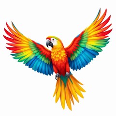 Obraz premium Vibrant macaw parrot in full flight with outstretched wings showcasing its colorful plumage against a clean illustration on white background