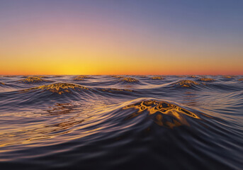 Golden hour reflections on ocean waves at sunset with vibrant sky.