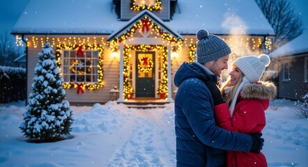 Happy couple hugging in front of a decorated house with Christmas lights. Romantic man and woman embracing outdoors in the snow during winter evening. Holiday season concept
