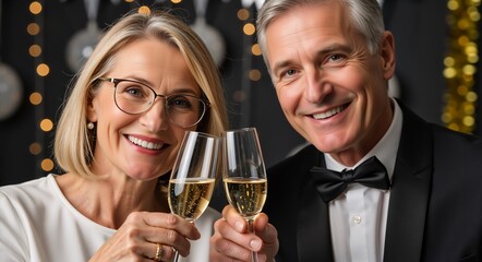 Happy senior couple toasting with champagne glasses at a party. Elegant mature man and woman celebrating New Year's Eve or an anniversary in formal wear