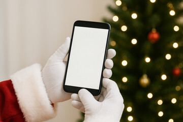 Man dressed as Santa holding smartphone with blank screen for festive content. Christmas message template with copy space next to decorated tree. mockup