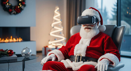 Man in Santa Claus costume with virtual reality headset. Santa Claus sitting on chair in festive room with fireplace and Christmas tree. Metaverse concept for Christmas holiday.