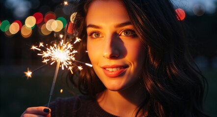 Young woman holding a lit sparkler at night with colorful bokeh lights. Happy female celebrating Christmas or New Year's Eve