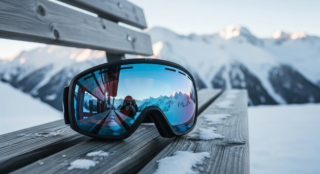 Winter ski goggles on wooden bench with scenic snowy alpine mountains reflection concept of winter sport, skiing equipment, snow adventure